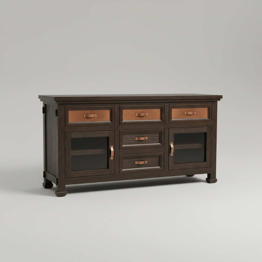 Wooden sideboard with drawers and glass panels on a gray background