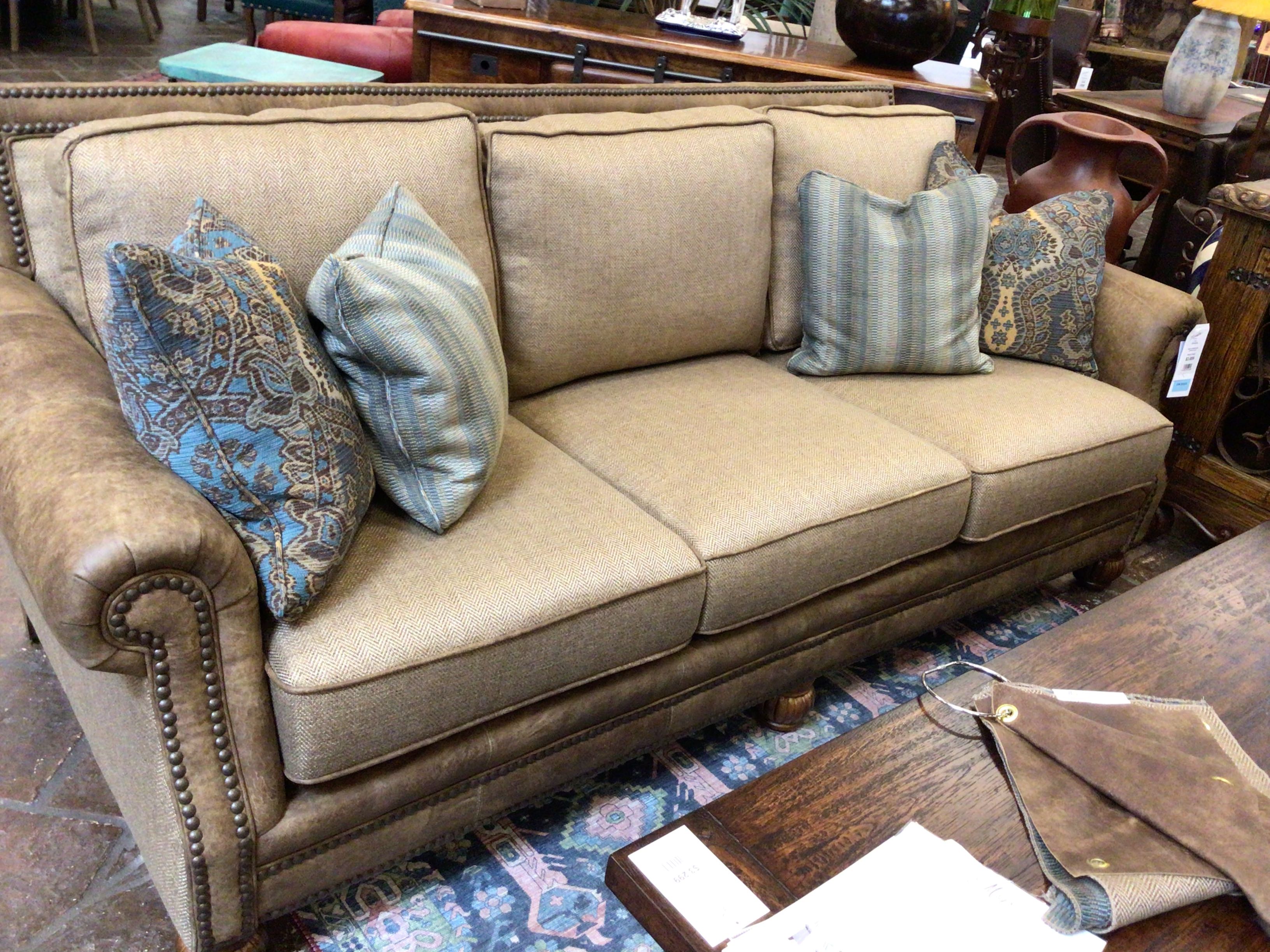 Sofa Leather & Fabric Tiberius Pecan/Stallone Branch 21 Plws Floresco Turq. 19"Plws Pepito Ocean"