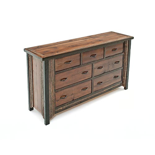 Wooden dresser with multiple drawers on a white background