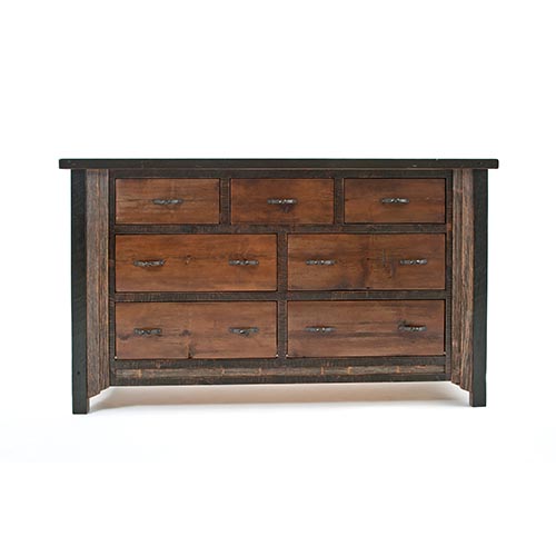 Wooden dresser with multiple drawers on a white background
