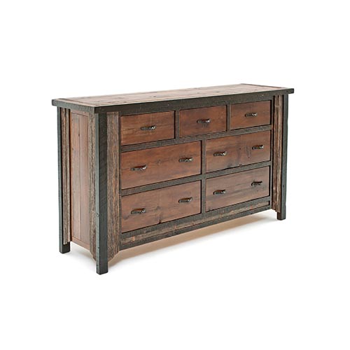 Wooden dresser with multiple drawers on a white background