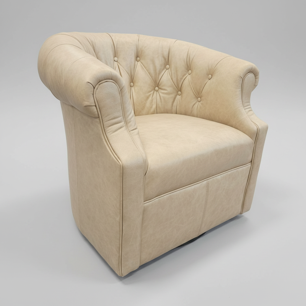 Beige armchair with tufted backrest on a gray background