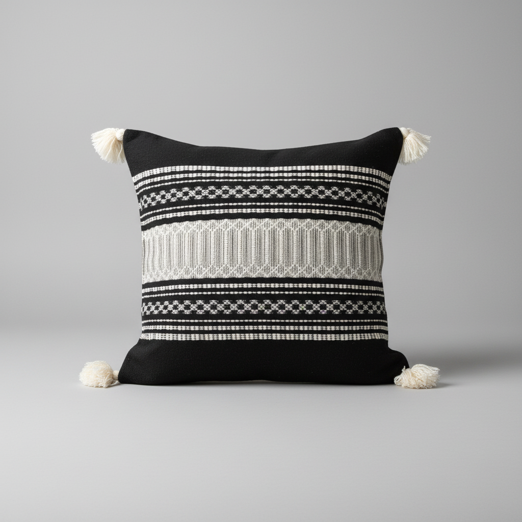 Decorative pillow with black and white pattern on a red background