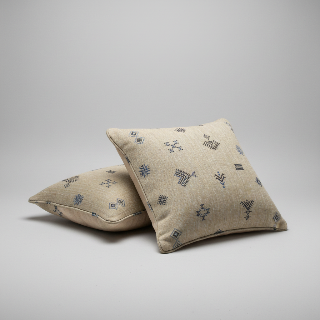 Two square decorative throw pillows in a textured beige fabric with a blue geometric pattern, arranged on a light gray studio background.