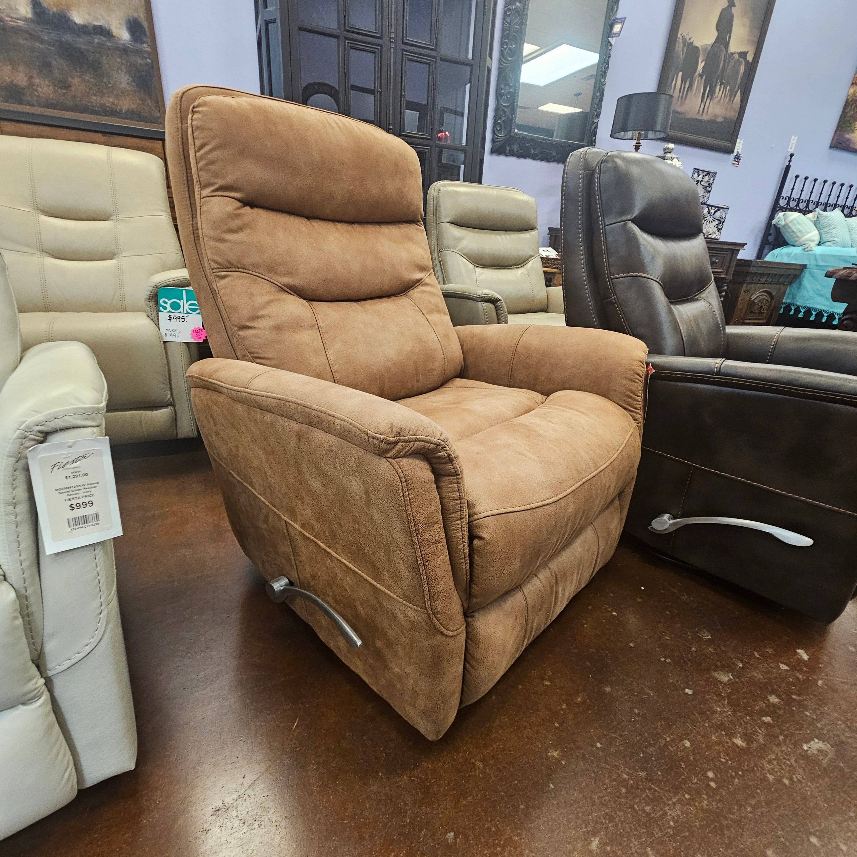 Brown recliner chair in a showroom setting with other furniture.
