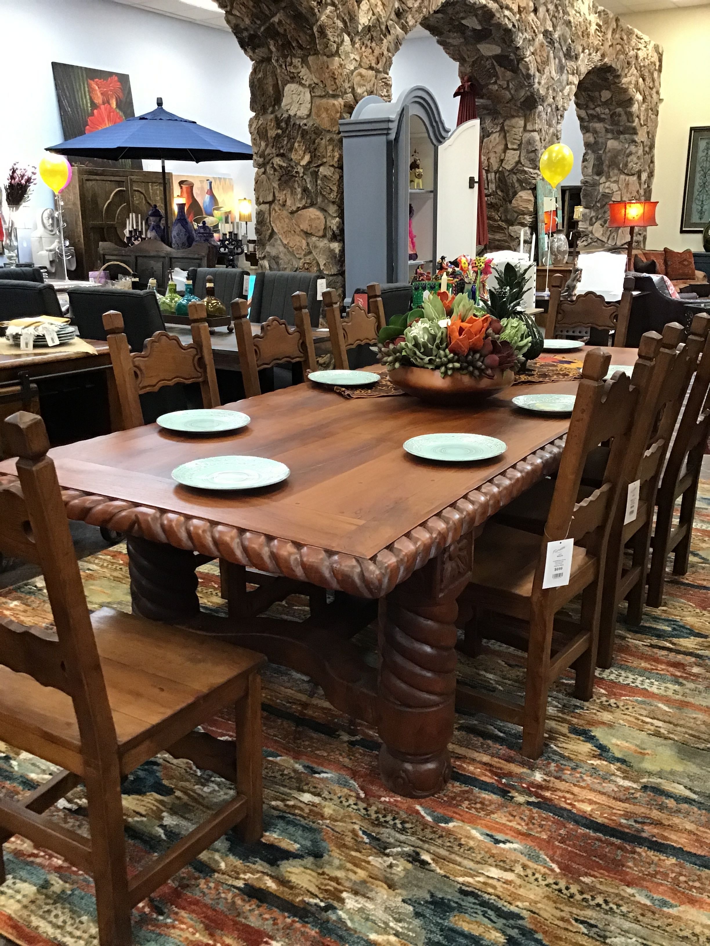 Dining Table Mesquite Tooled Legs Wooden Stretcher Rectangular 117x47x31