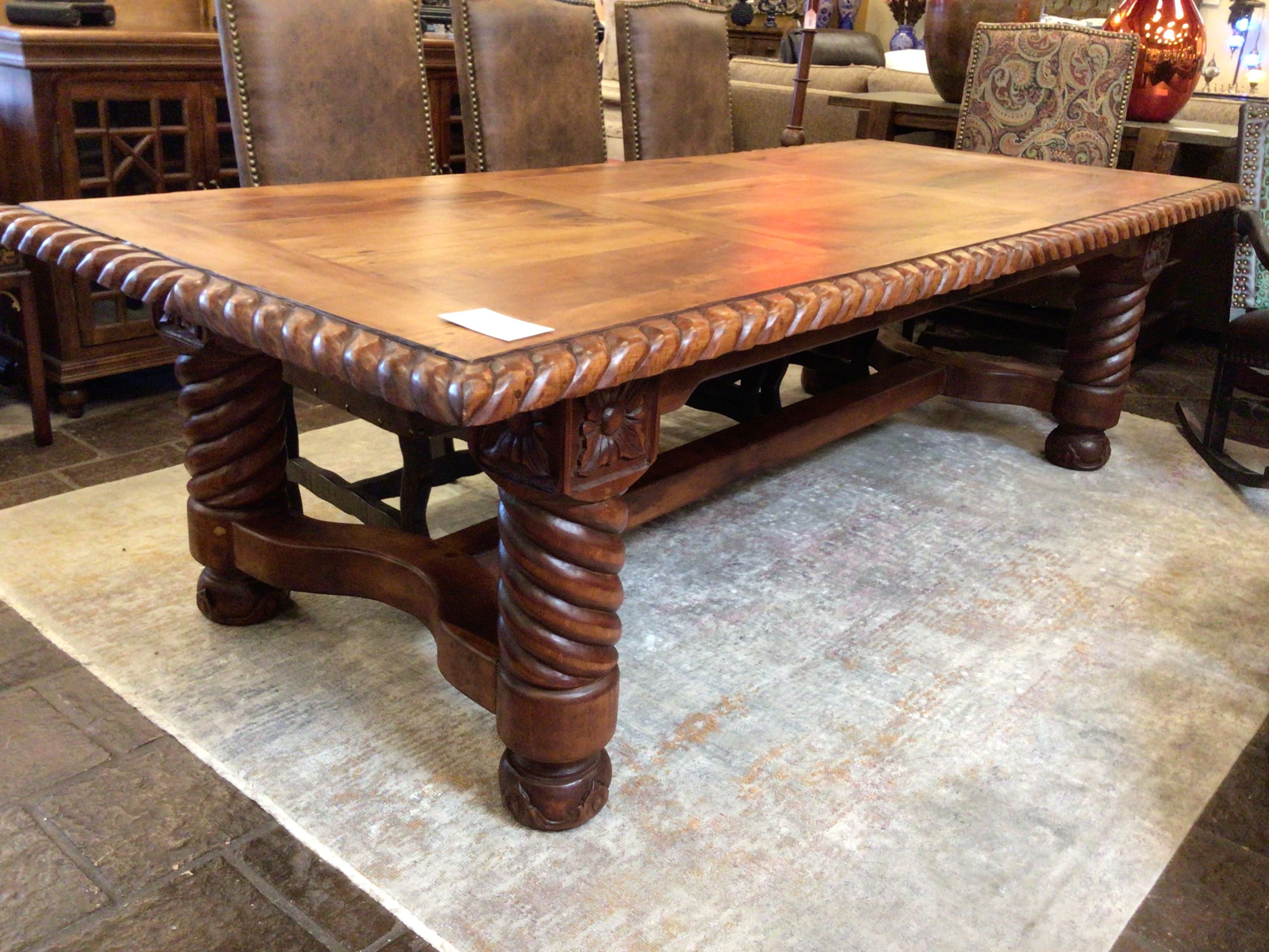 Dining Table Mesquite Tooled Legs Wooden Stretcher Rectangular 112x47x31