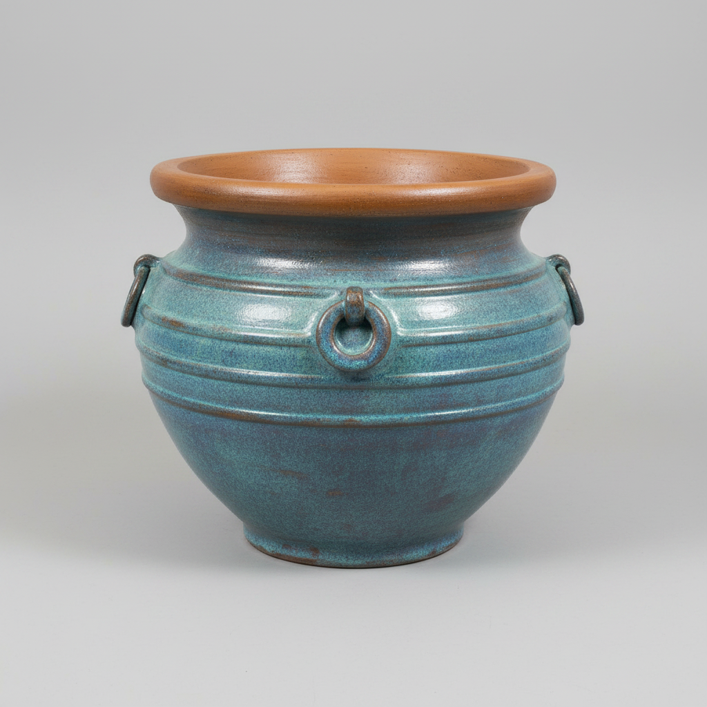 A ceramic planter pot with a rounded shape, featuring a glossy teal-blue glaze and a contrasting terracotta brown rim and handles, shown against a neutral gray background.