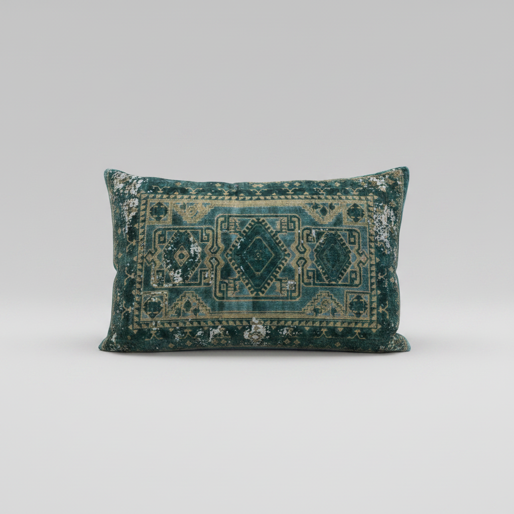 A rectangular decorative throw pillow with a distressed, vintage-style geometric and tribal pattern in deep teal green and beige, set against a neutral light gray background.