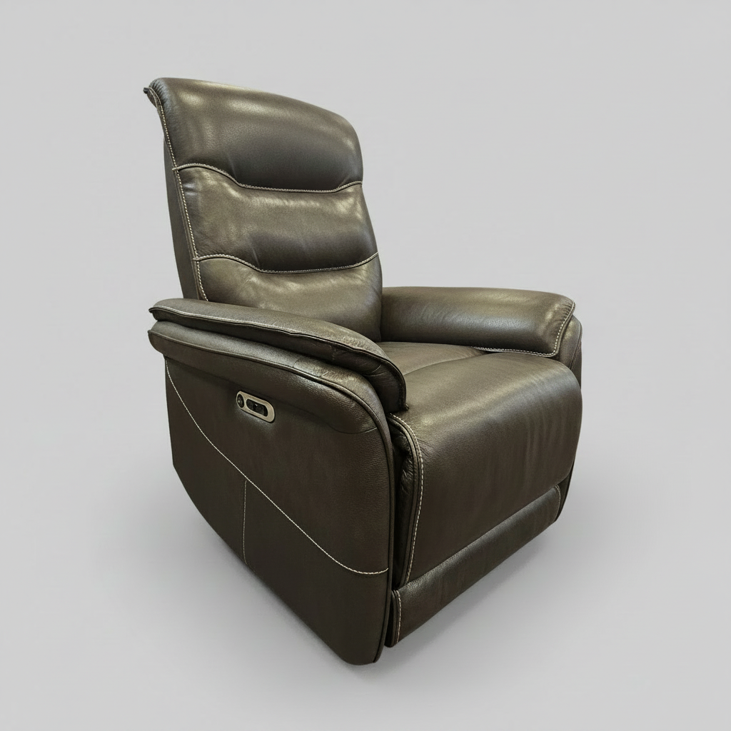 Brown leather recliner sofa in a showroom setting with mirrors and decor.