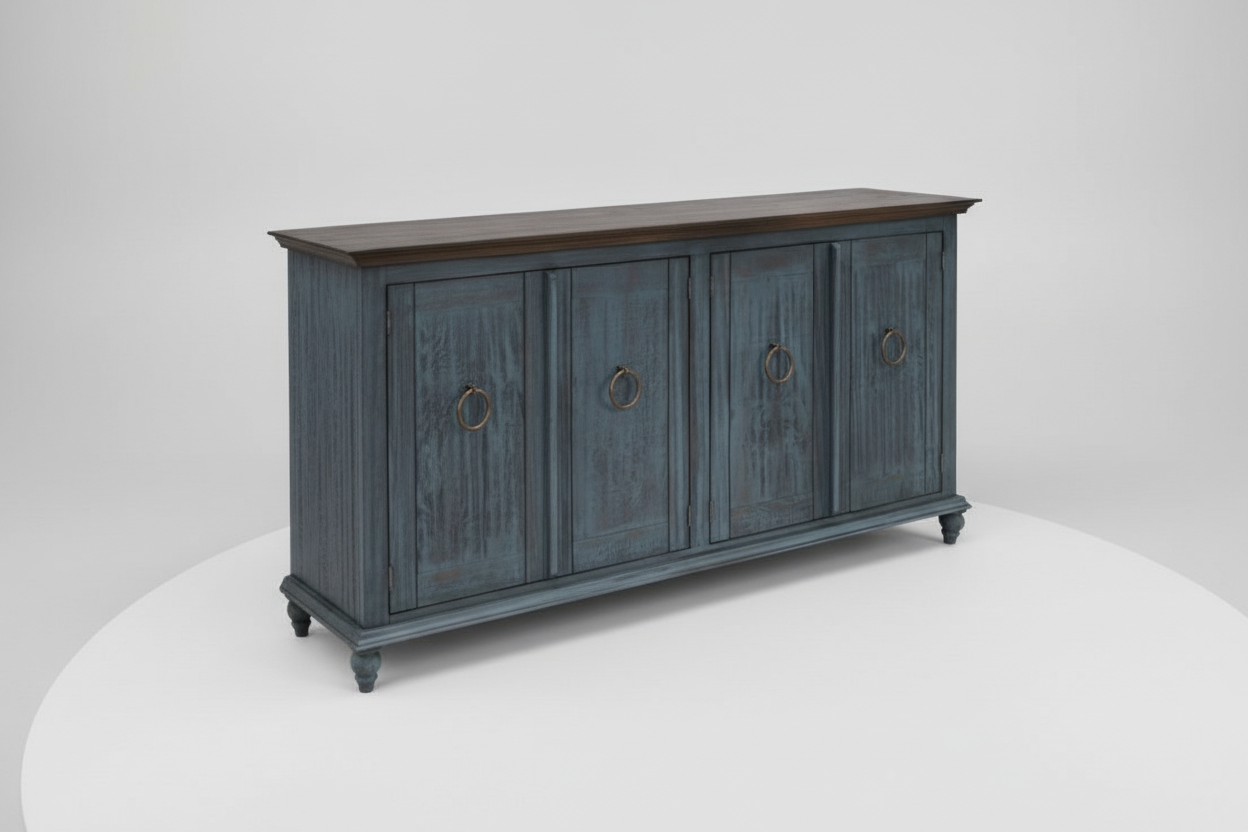 Wooden sideboard with a dark blue finish and wooden top on a white background