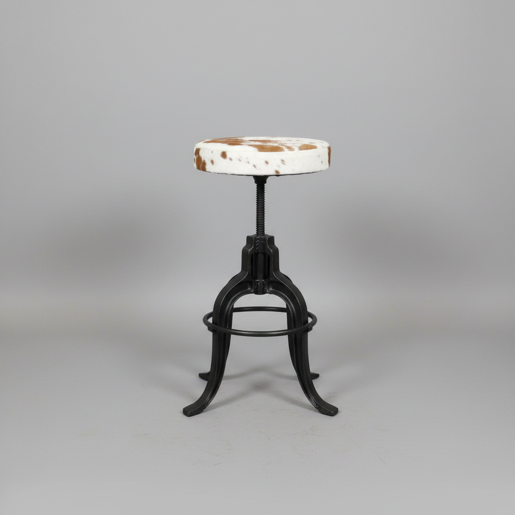 Vintage-style stool with a white seat and black metal frame on a gray background