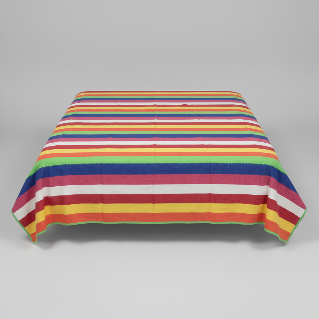 A rectangular bedspread with a vibrant horizontal striped pattern in red, orange, yellow, green, blue, purple, and white, displayed on a bed against a neutral gray background.