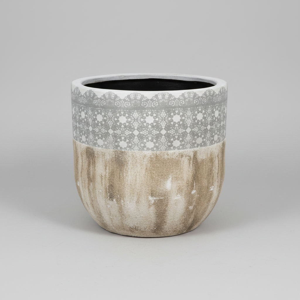 A ceramic planter pot with a two-tone design, featuring a textured beige lower half and a gray patterned upper band with a scalloped rim, set against a neutral gray background.