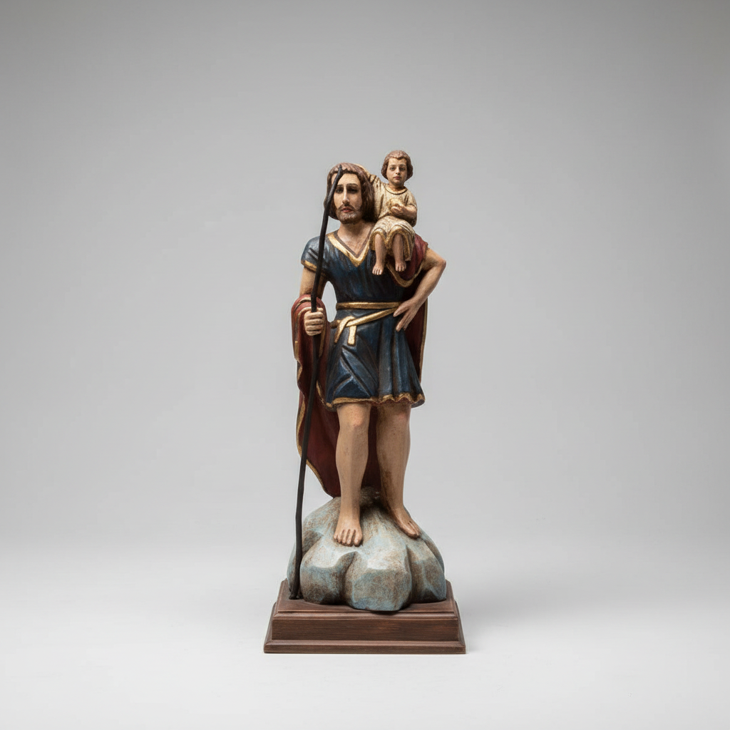 A hand-painted wooden nativity figurine of Saint Joseph carrying the infant Jesus on his shoulders, standing on a rock base with a wooden pedestal, photographed against a neutral gray studio background.
