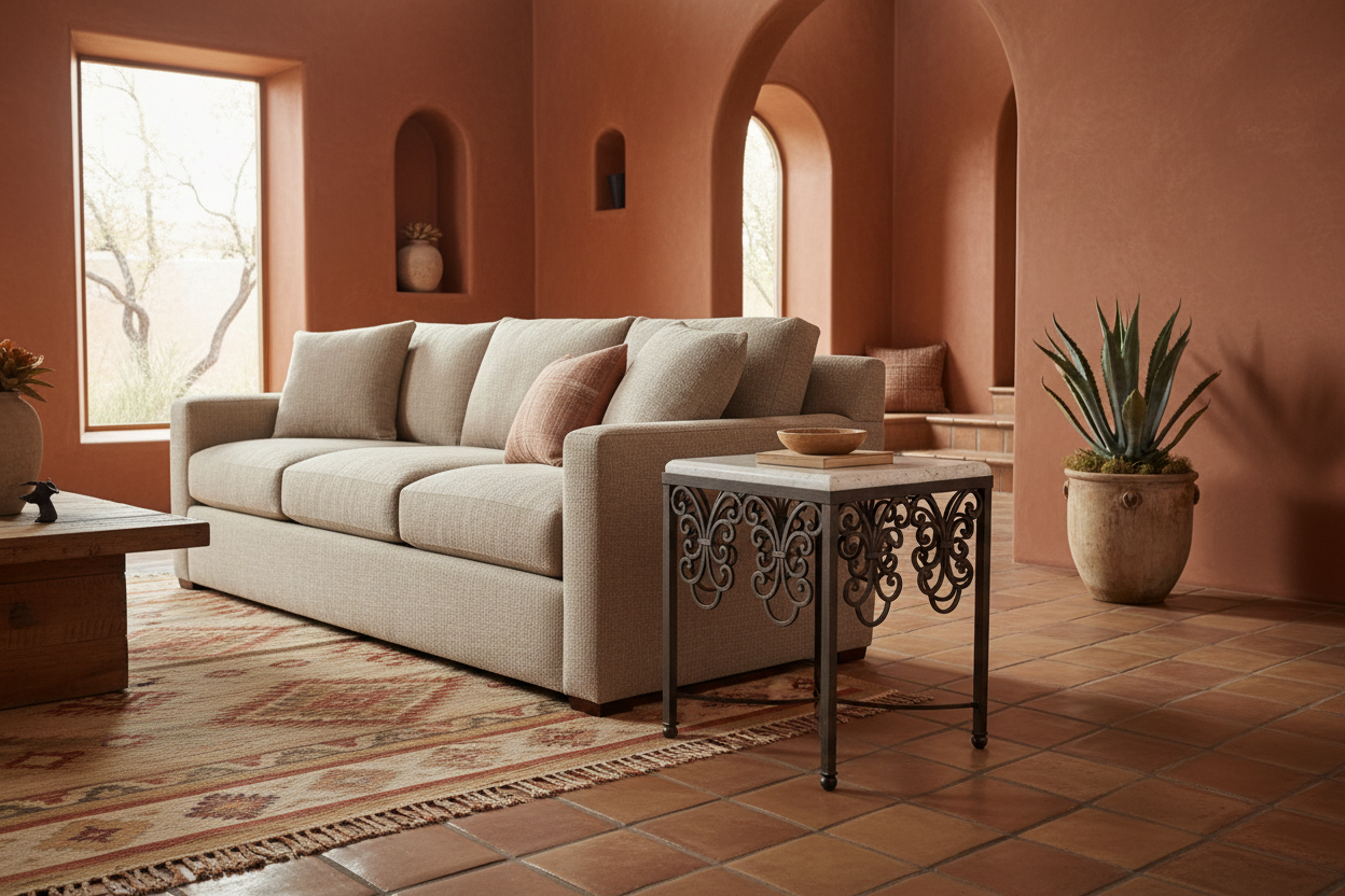 Living room with beige sofa, decorative pillows, and a small table in a warm-toned room.