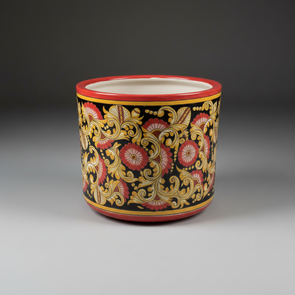 Decorative ceramic pot with floral patterns on a gray background