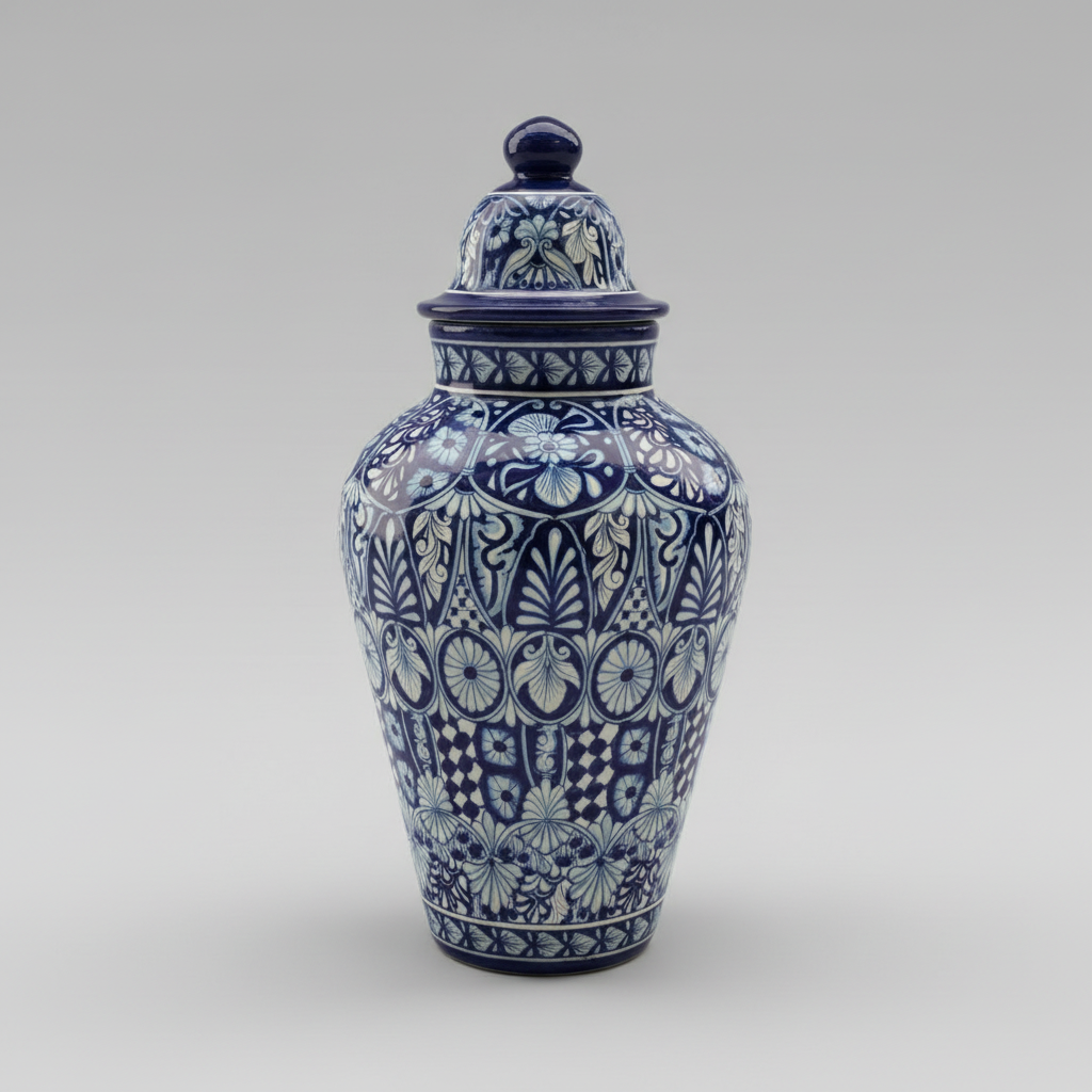 A ceramic lidded jar with a blue and white floral pattern, photographed on a neutral gray studio background.