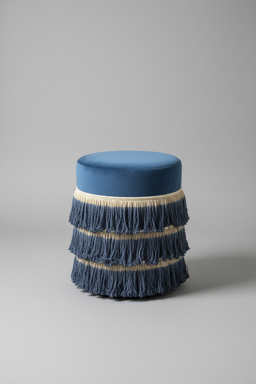 Blue ottoman with fringed layers on a gray background
