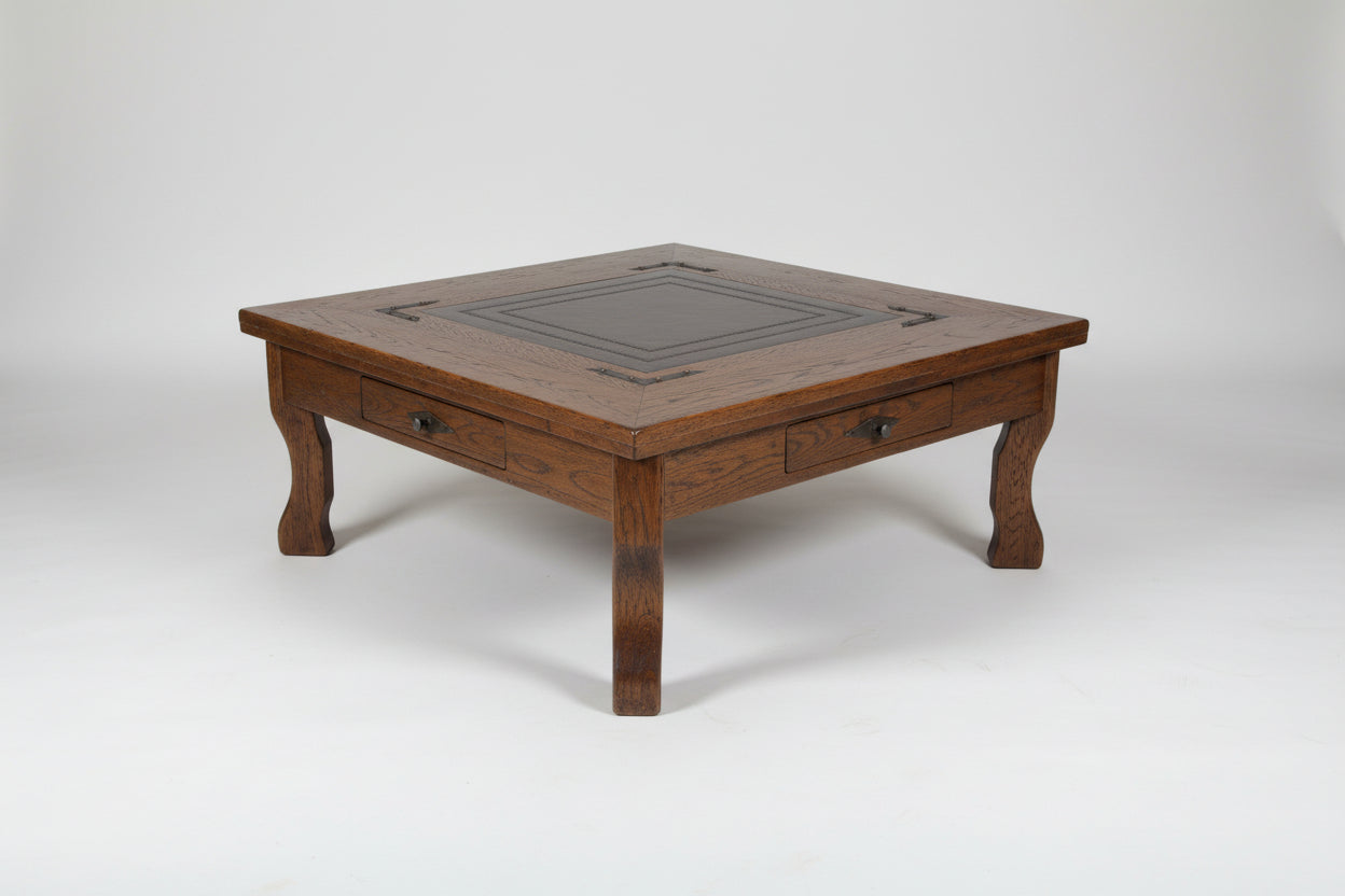 Cocktail Table Oxbow Leg Nevada 48x48x20 Dark Distressed/Leather Panels AC Stamped