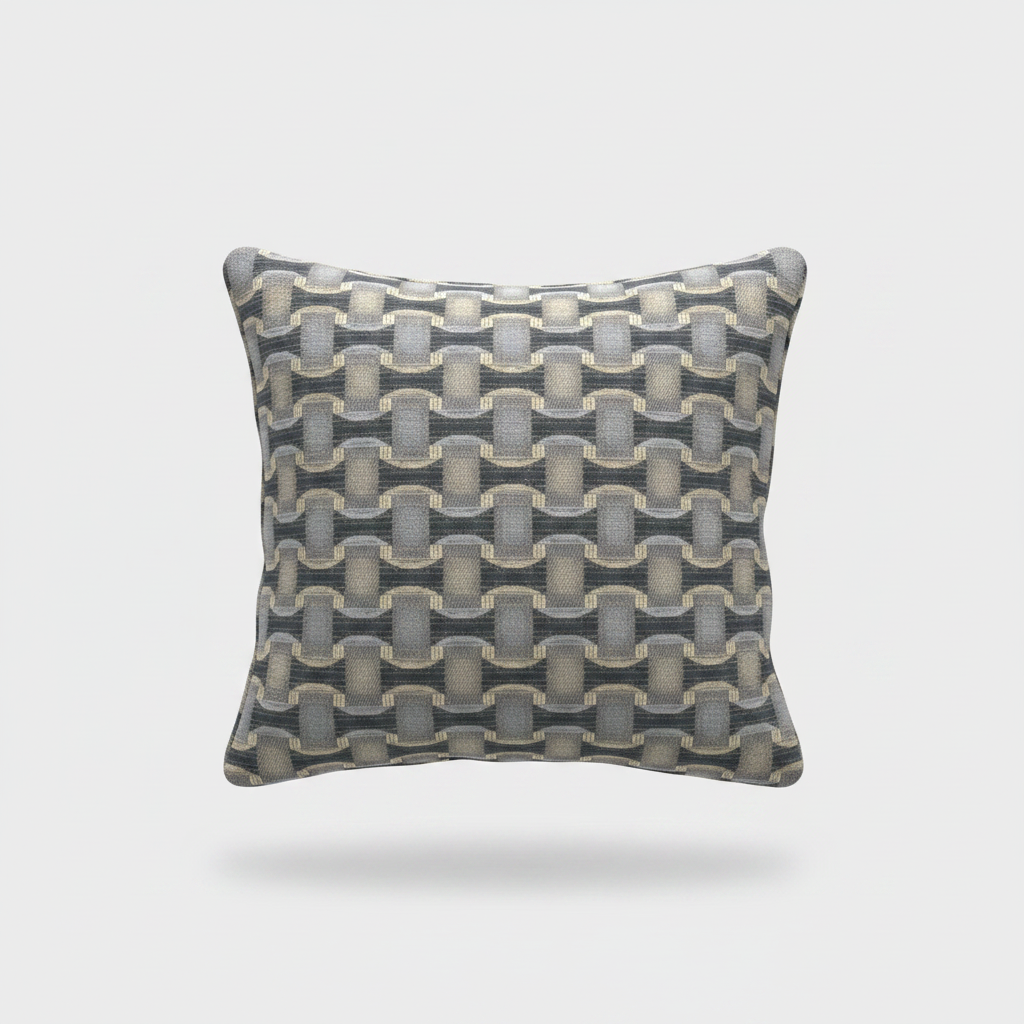 A square decorative throw pillow with a textured geometric chain-link pattern in shades of gray, beige, and blue-gray, shown against a light gray background with a soft drop shadow.