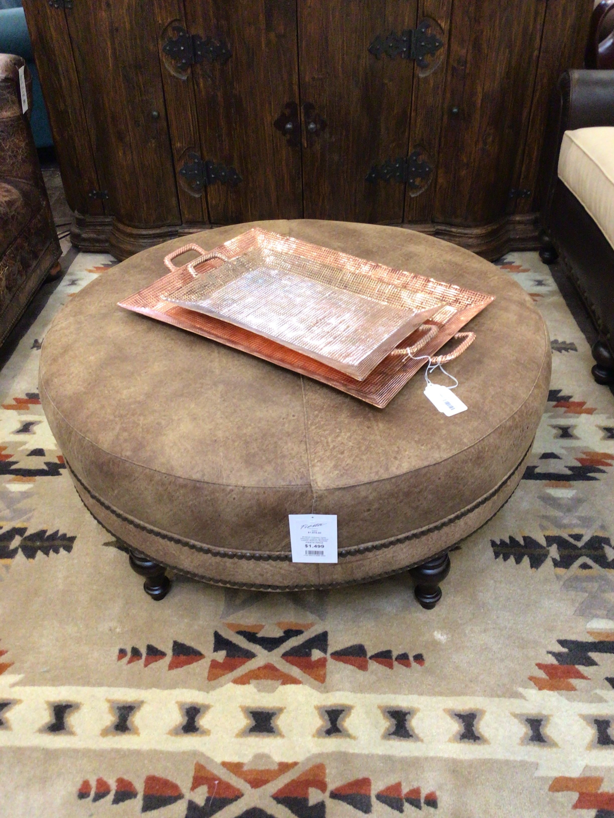 9 Series Ottoman Table Ottoman Leather 42 Round Leather Stallone Rawhide Nails Antique Wood Espresso