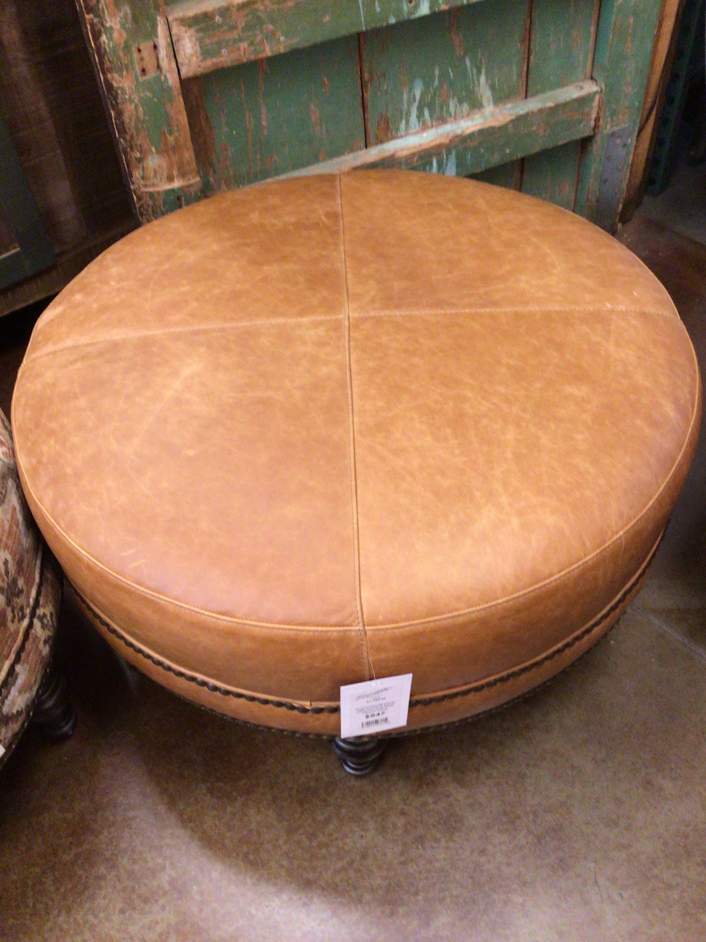 9 Series Ottoman Table Ottoman Leather 36 Round Leather Vacchetta Amber Nails Antique Wood Espresso