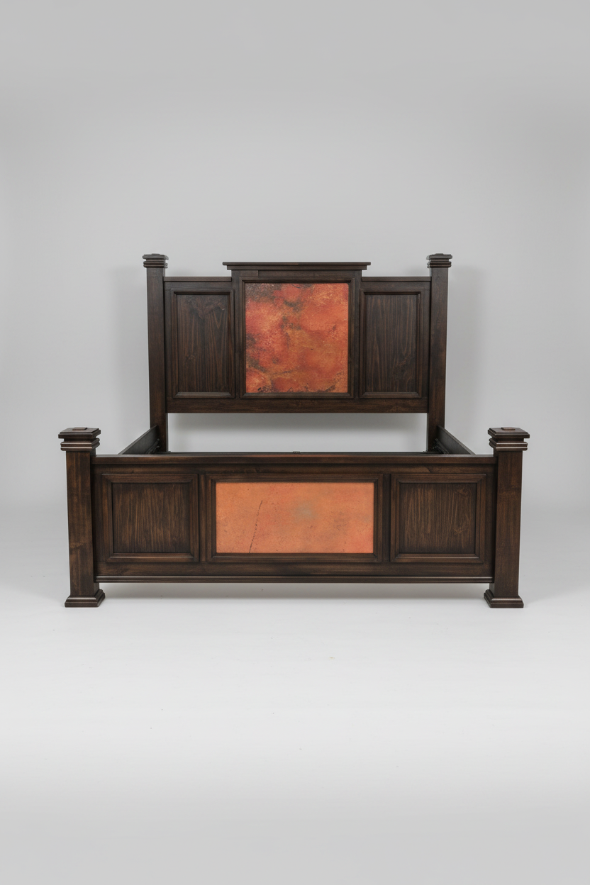 Wooden bed with a dark brown finish and orange panels on a gray background