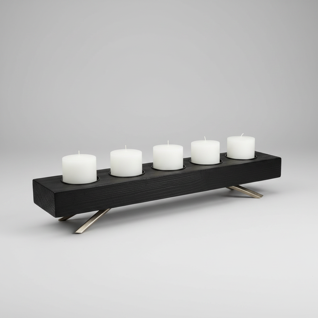 Modern black candle holder with five white candles on a gray background