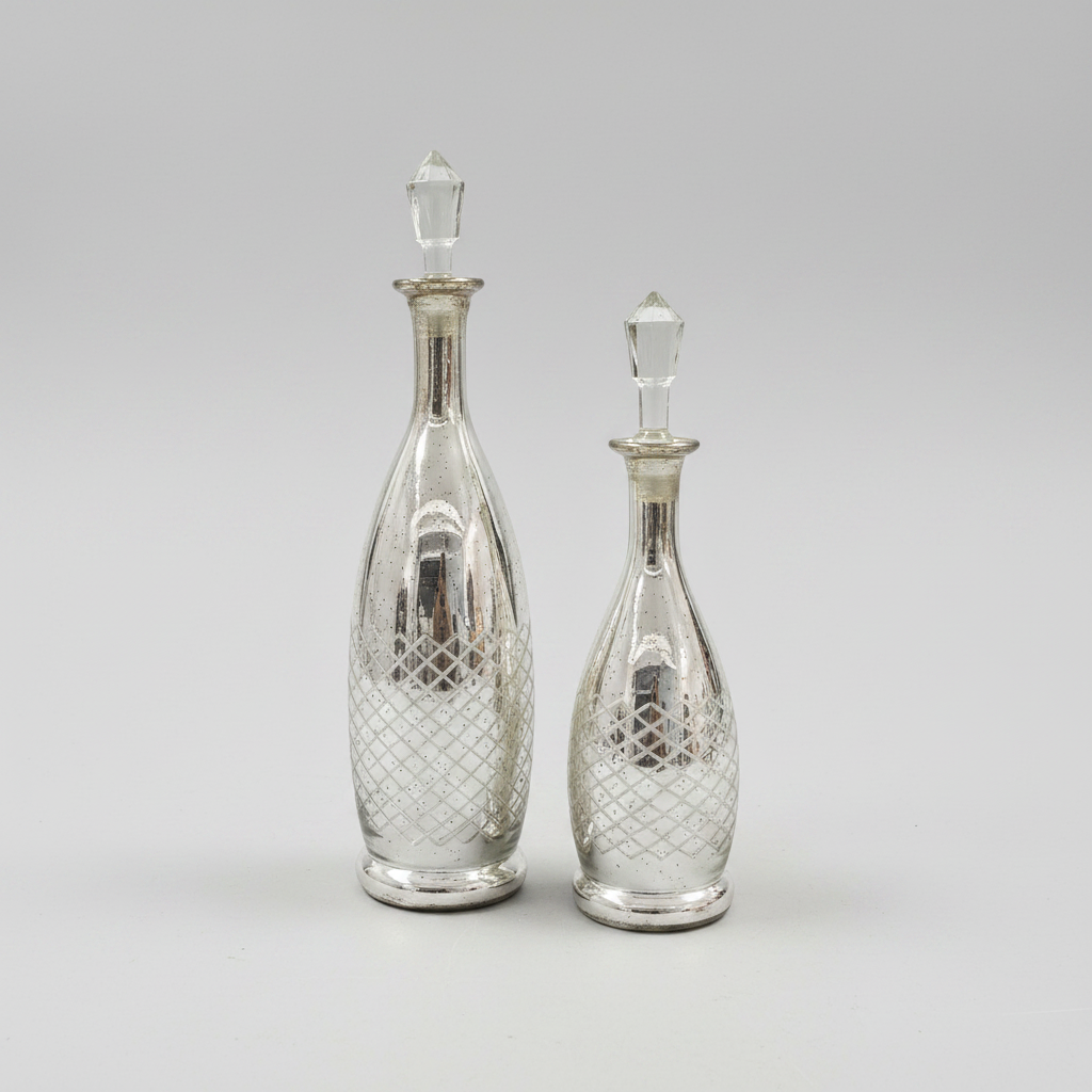 Two silver decorative bottles with crystal tops on a light background