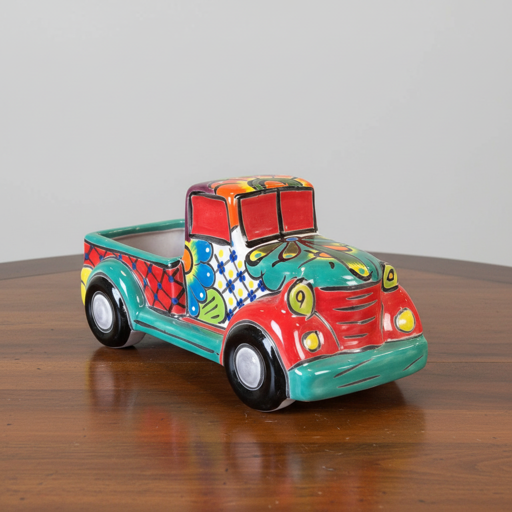 A colorful decorative ceramic truck figurine with a vibrant, hand-painted retro pattern, displayed on a polished wooden tabletop against a neutral light gray background.