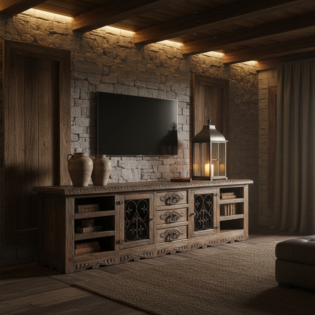 Living room with stone wall, wooden cabinet, and TV.