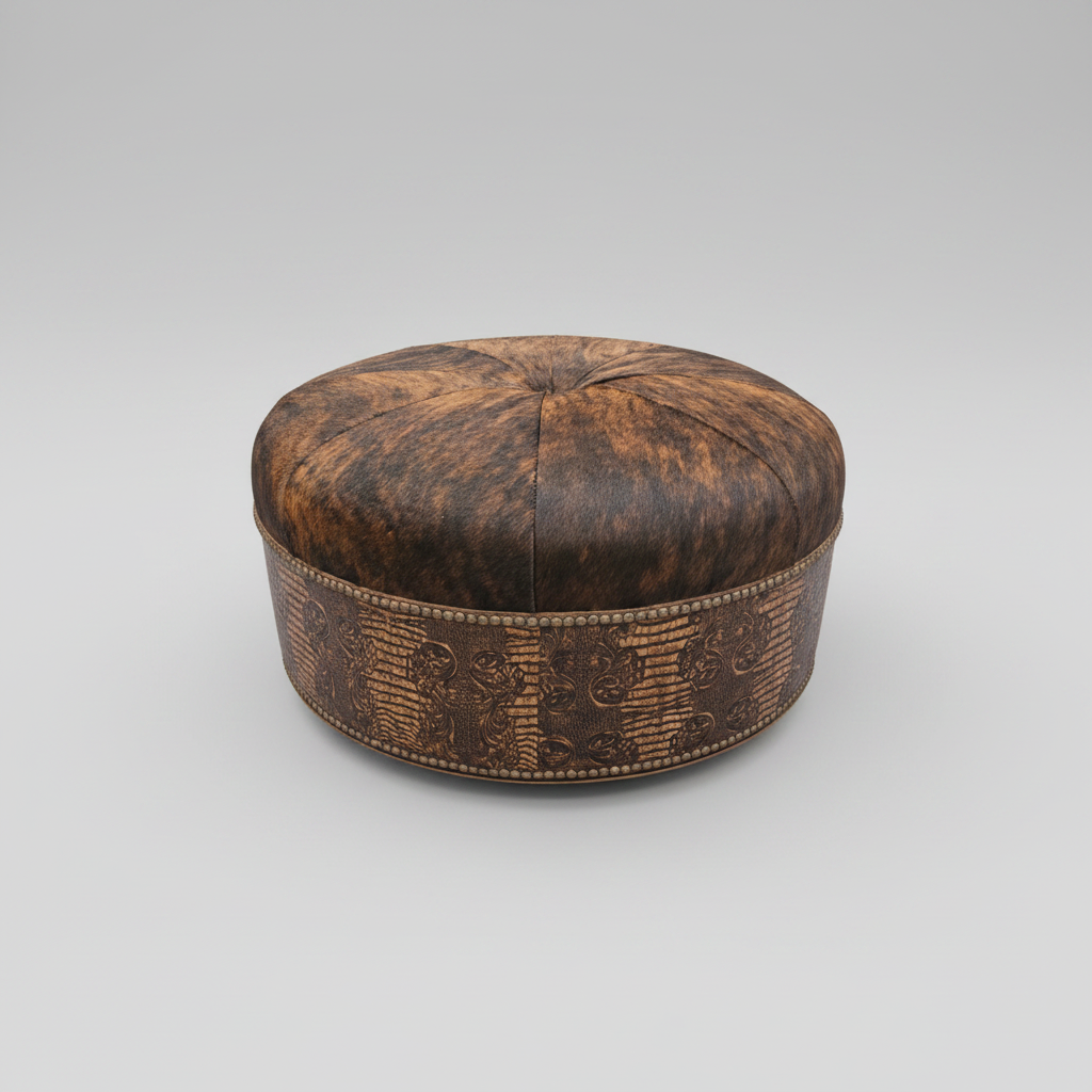Brown leather ottoman with intricate patterns on a gray background