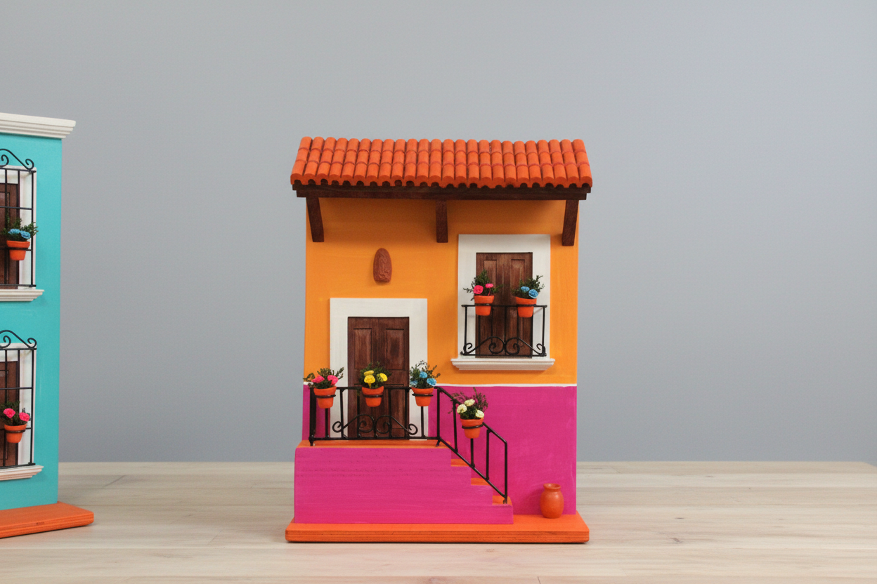 A colorful miniature house dollhouse with a terracotta tiled roof, orange upper facade, brown door and windows, and a bright pink lower facade, displayed on a light wood surface against a gray background.