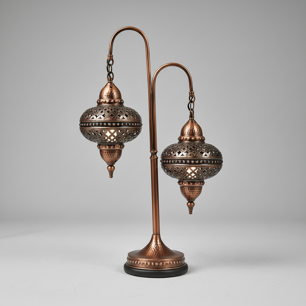 Decorative copper lamp with two hanging lanterns on a gray background