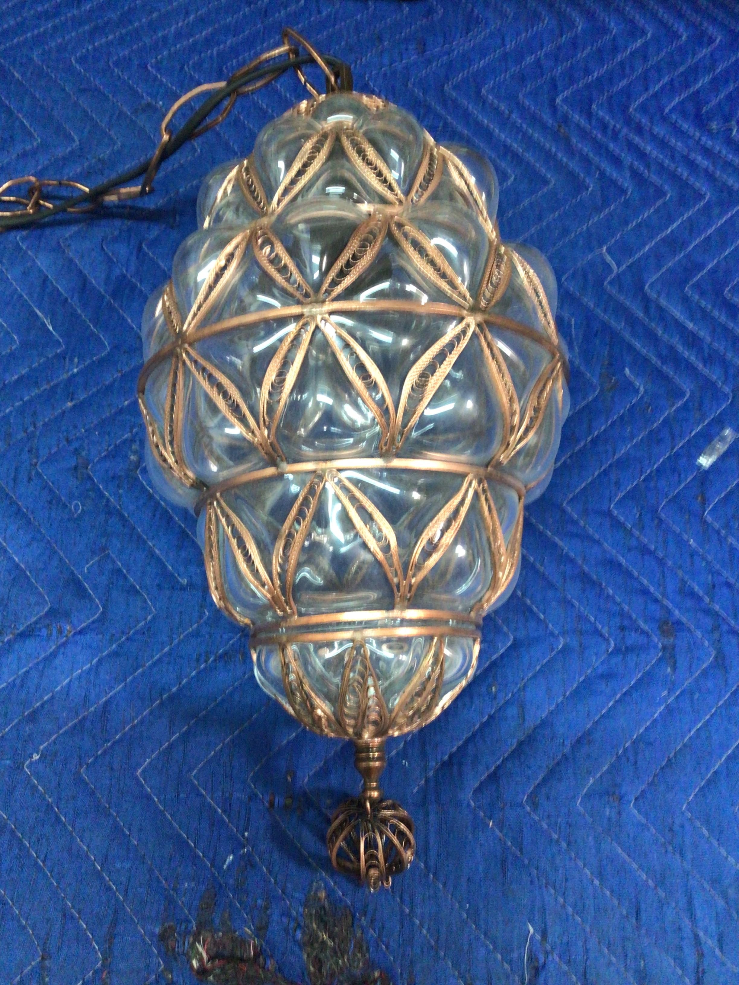 Small Copper Hanging Lamp Blown Glass Made In Turkey