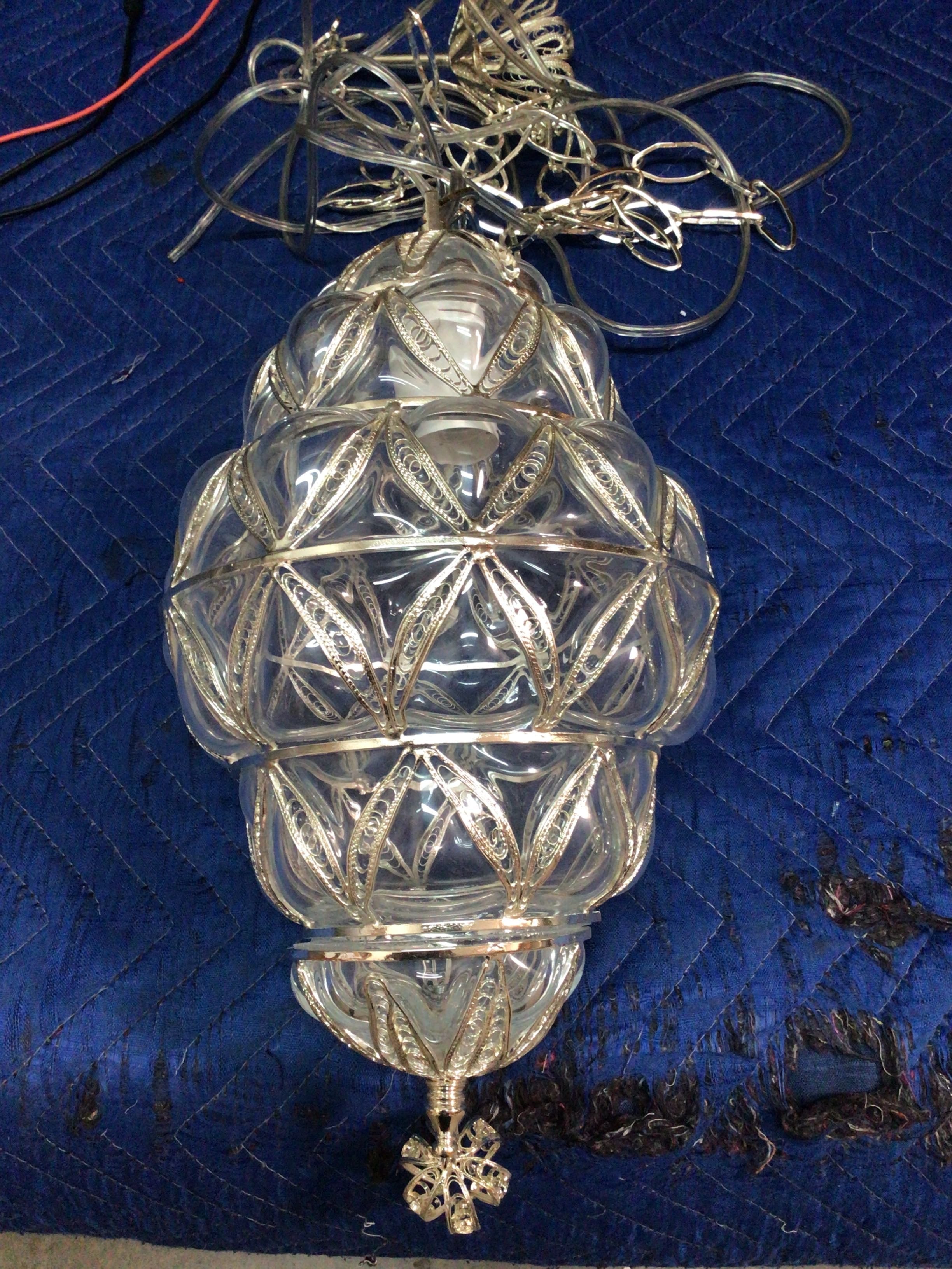 Small Silver Hanging Lamp Blown Glass Made In Turkey