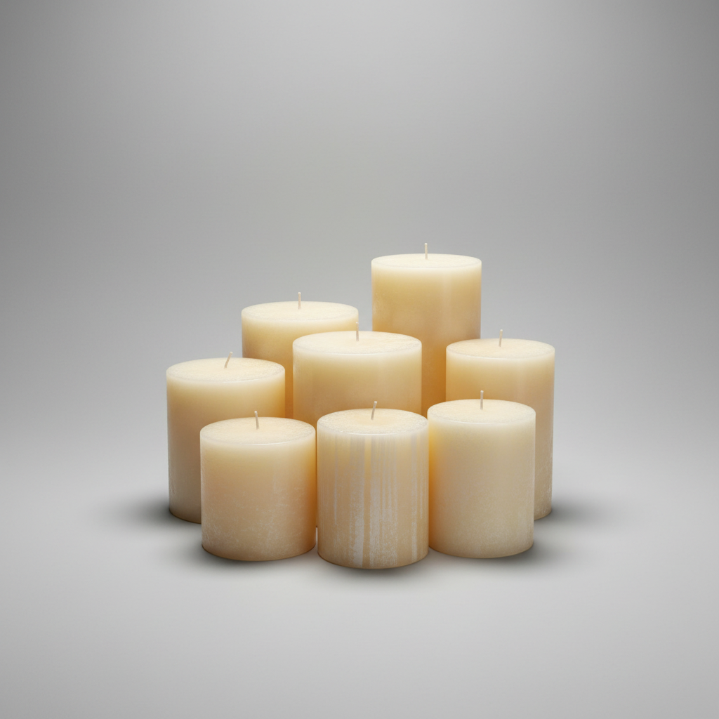 White candles on a wooden shelf with a rustic background