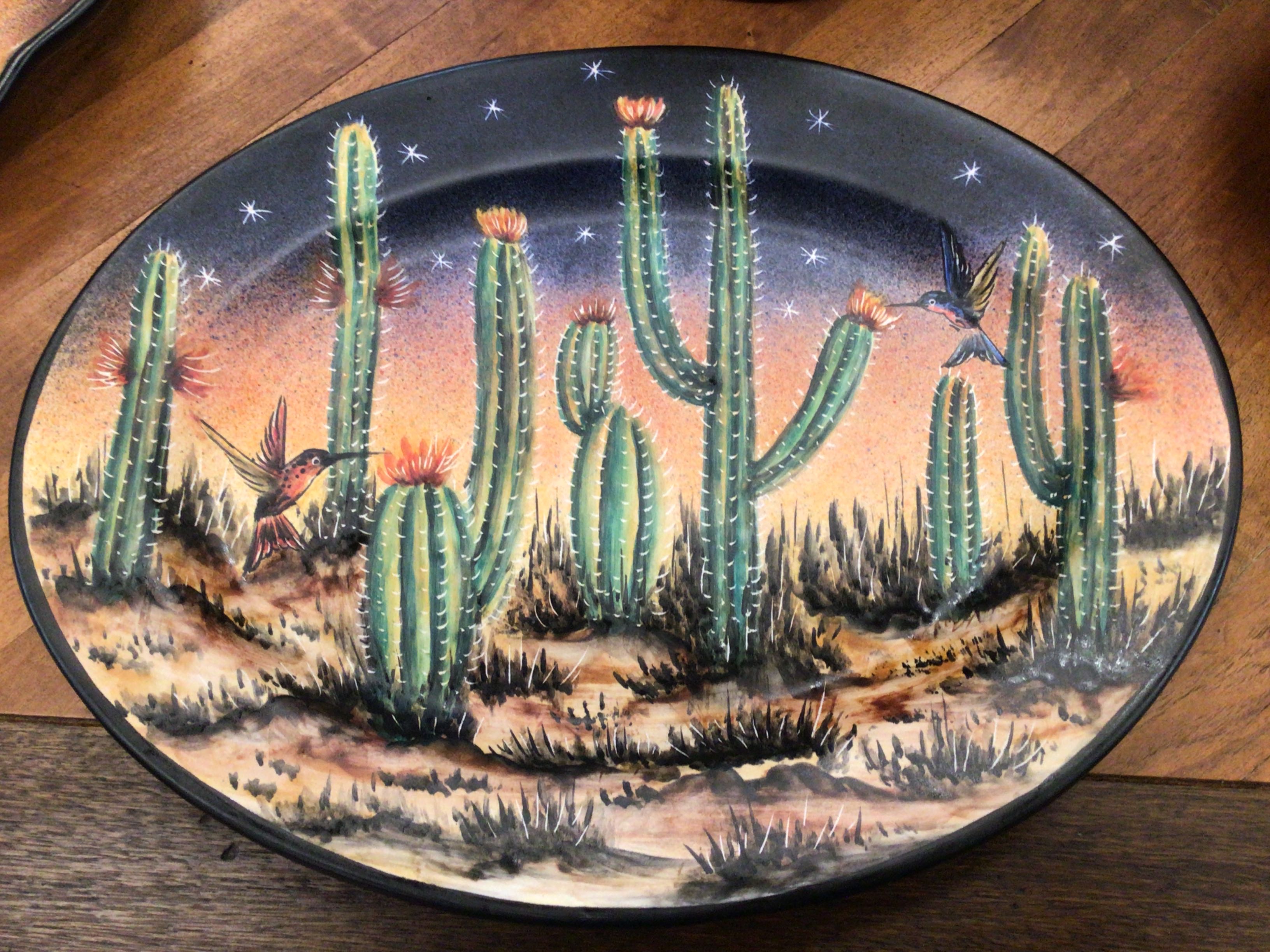 Mayolica Oval Plate Cactus Night Sky Handpainted