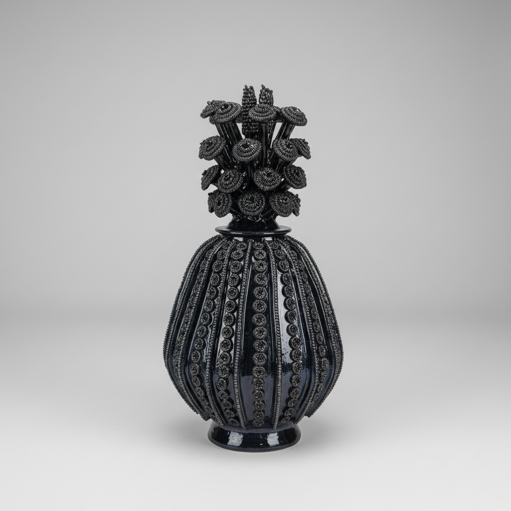 Black decorative vase with floral design on a gray background