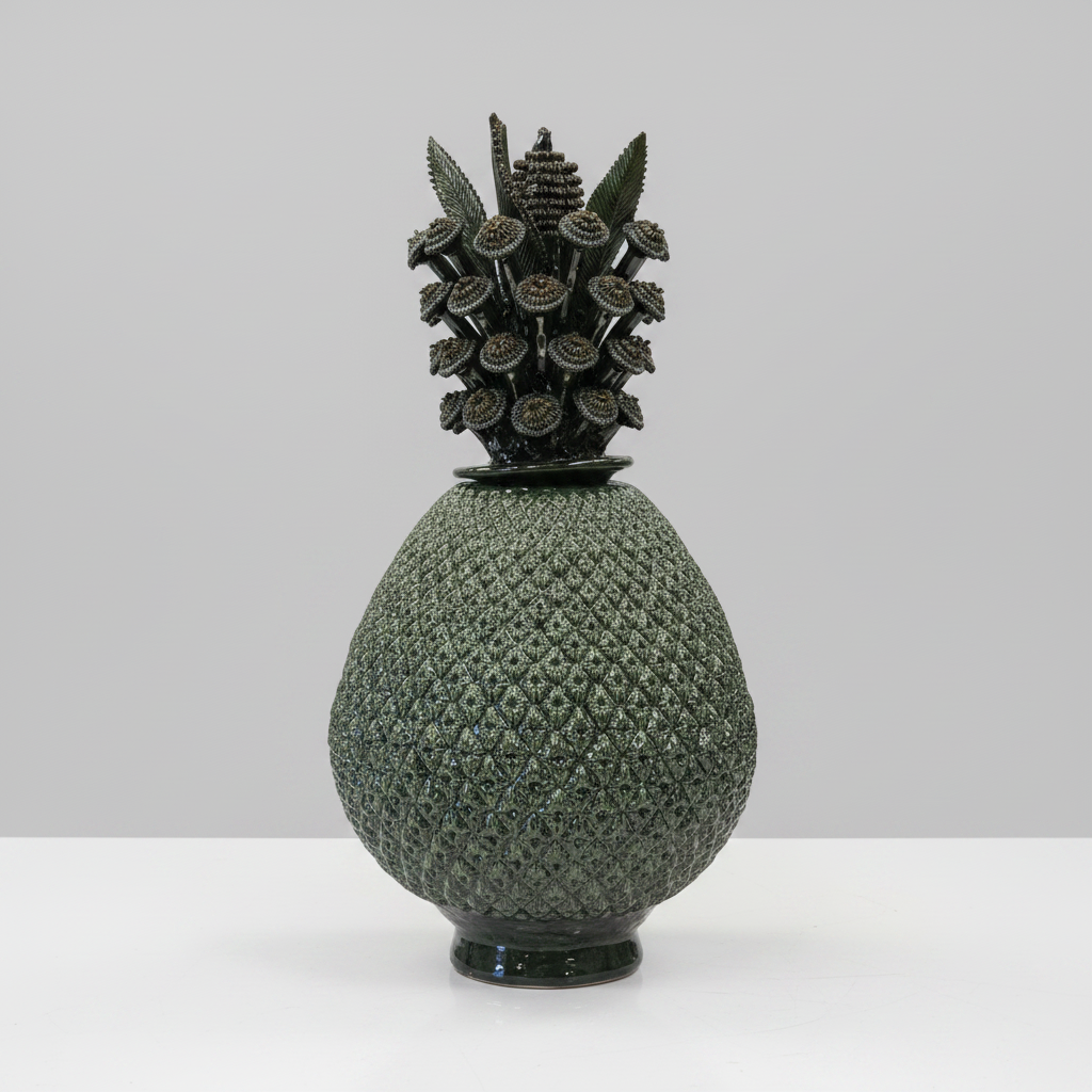 Decorative vase shaped like a pineapple with textured surface on a white background