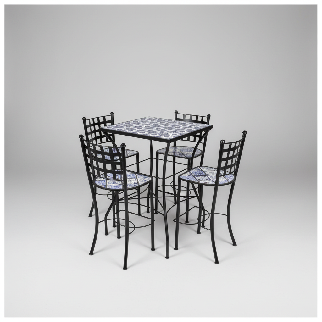 Set of four black metal chairs with patterned seats around a square table on a gray background