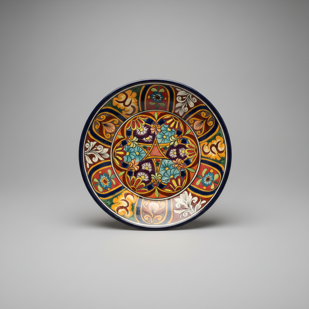 A round ceramic plate with a highly detailed, colorful Mediterranean-style hand-painted pattern, photographed against a neutral gray studio background.