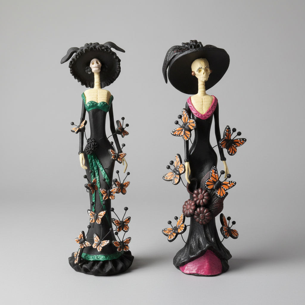 Two gothic-style female figurines standing side by side on a light gray studio background. Each figure wears a large black hat and long black dress, with orange-and-black butterflies and dark floral accents.