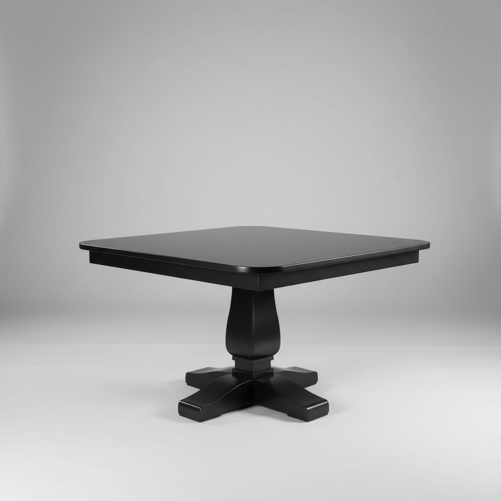 Dining table with blue chairs on a stone floor