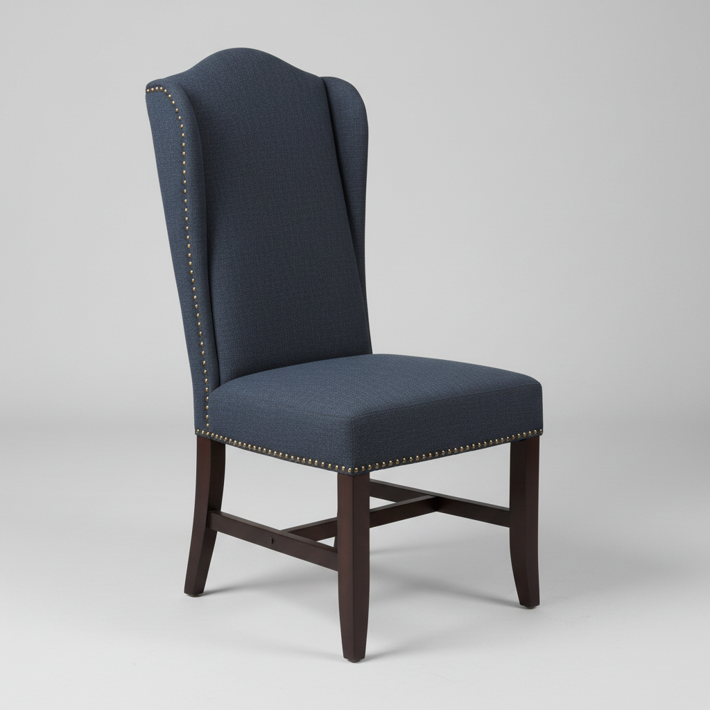 Blue upholstered chair with dark wood legs on a gray background