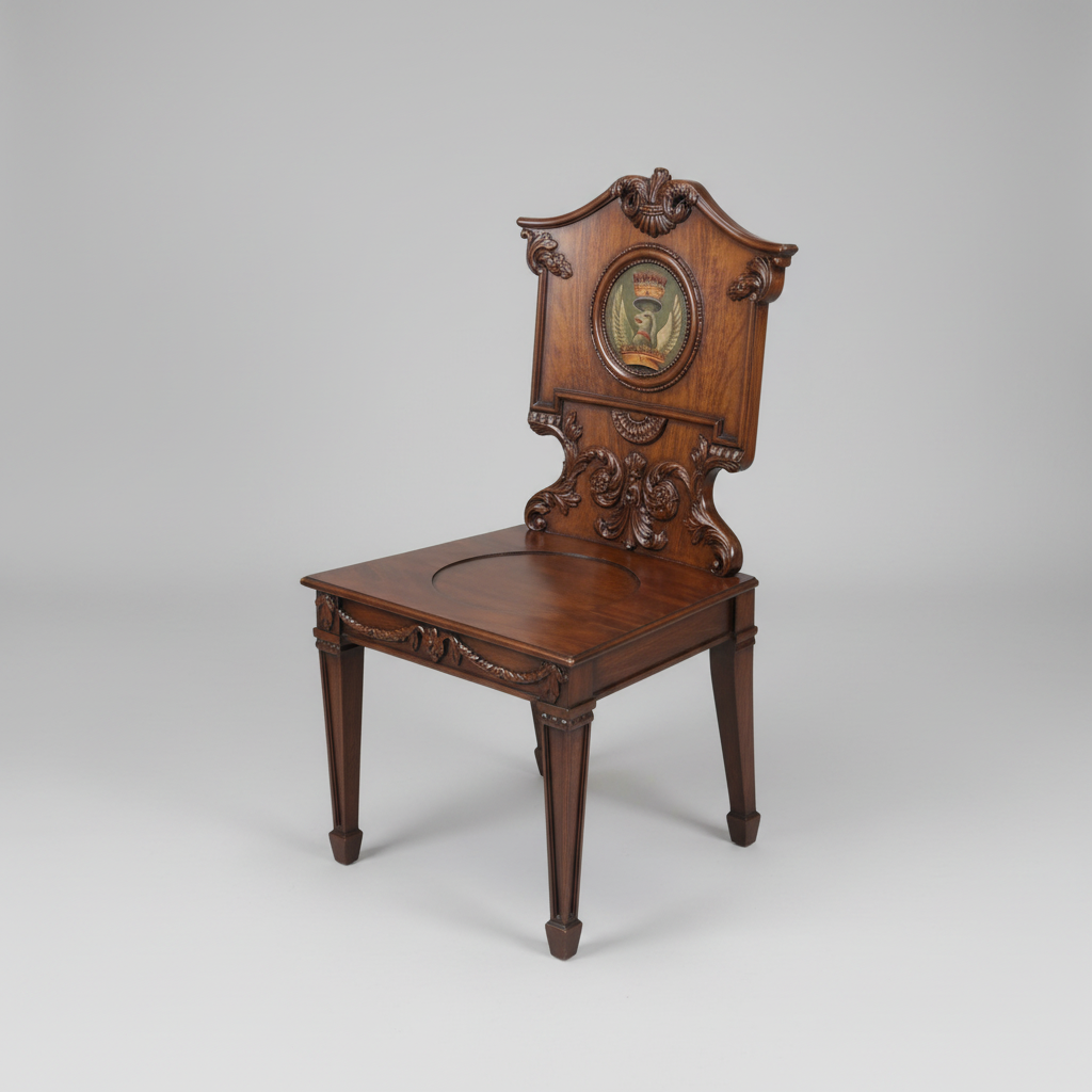 Decorative wooden chair with intricate carvings on a gray background