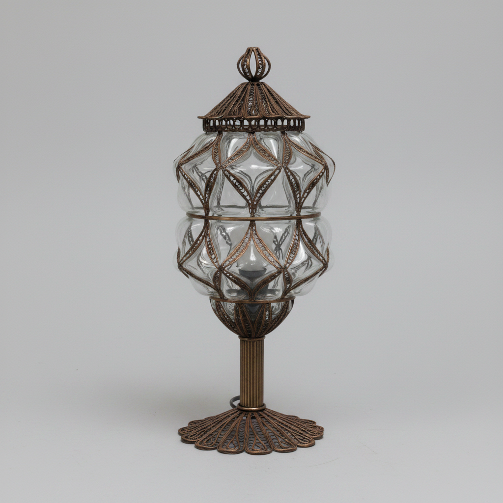 Decorative glass lantern with bronze metalwork on a gray background