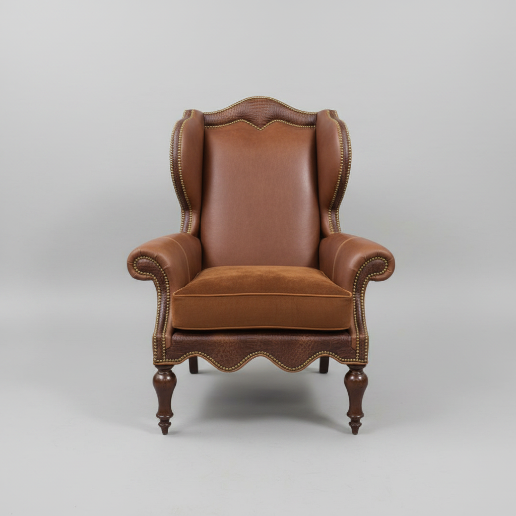 Brown leather wingback chair on a gray background