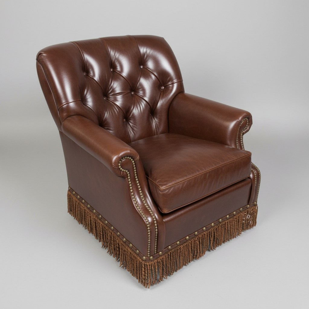 Brown leather armchair with fringes on a gray background